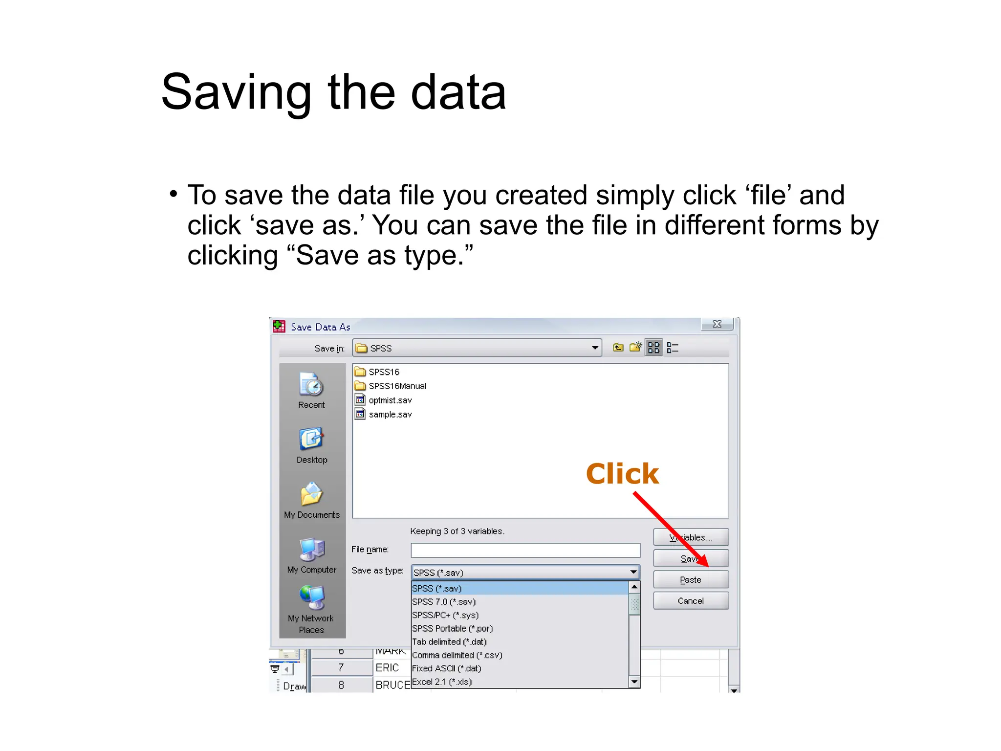 Saving the data • To save the data file you created simply click ‘file’ and click ‘save as.’ You can save the file in different forms by clicking “Save as type.” Click 