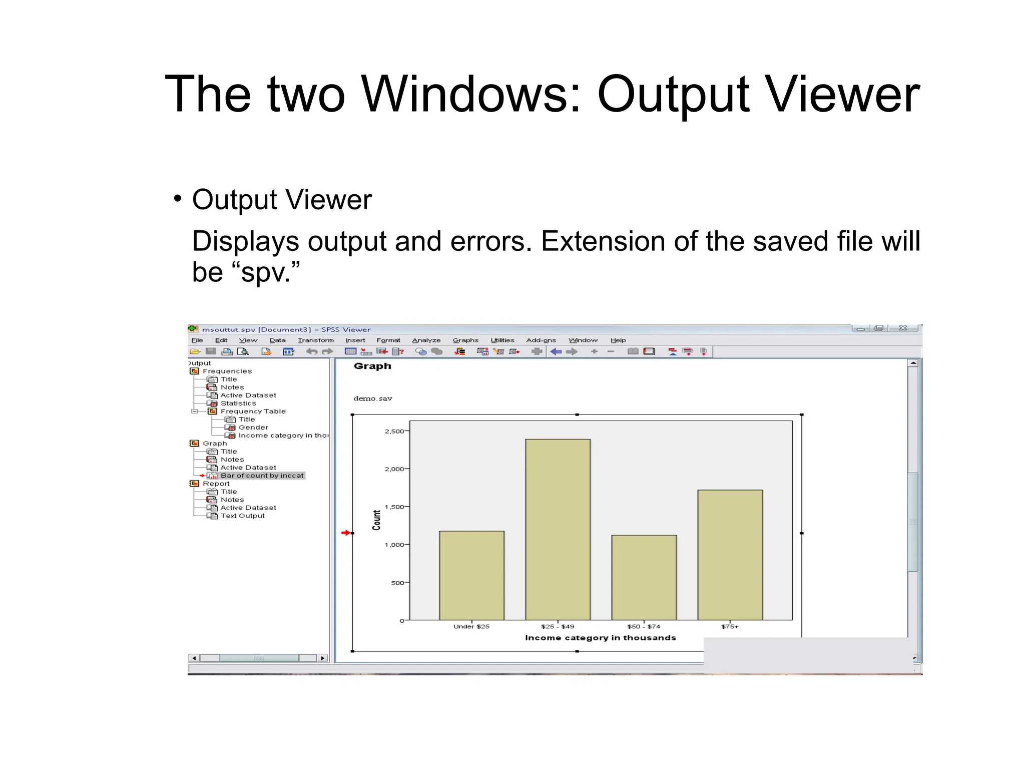 The two Windows: Output Viewer • Output Viewer Displays output and errors. Extension of the saved file will be “spv.” 