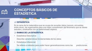 CONCEPTOS BÁSICOS DE
ESTADÍSTICA
 ESTADÍSTICA
Es la rama de la matemática que se ocupa de recopilar datos (censos, encuestas,
entre otros), de organizarlos para una mejor comprensión del fenómeno que se desea
estudiar y analizarlos con un determinado objetivo.
 RAMAS DE LA ESTADÍSTICA
• Estadística Descriptiva
Describe características fundamentales de los datos
• Estadística Inferencial
Se refiere a métodos para poder hacer generalizaciones como las predicciones.
 