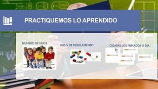PRACTIQUEMOS LO APRENDIDO
NUMERO DE HIJOS
DOSIS DE MEDICAMENTO CIGARRILLOS FUMADOS X DIA
 