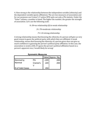 4. 
How 
strong 
is 
the 
relationship 
between 
the 
independent 
variable 
(ethnicity) 
and 
the 
dependent 
variable 
(party 
affiliation). 
The 
are 
two 
measures 
of 
association 
and 
for 
our 
purposes 
use 
Cramer’s 
V 
unless 
SPSS 
spits 
out 
only 
a 
Phi 
statistic. 
Under 
the 
“Value” 
column, 
a 
number 
is 
listed. 
The 
higher 
the 
number, 
the 
greater 
the 
strength 
of 
association. 
Let’s 
use 
the 
following 
scale: 
0-­‐.30=no 
relationship 
(0) 
to 
weak 
relationship 
.31-­‐.70=moderate 
relationship 
.71-­‐1.0=strong 
relationship 
A 
strong 
relationship 
means 
that 
knowing 
the 
ethnicity 
of 
a 
person 
will 
give 
us 
very 
good 
reason 
to 
guess 
the 
political 
party 
with 
which 
they 
are 
affiliated. 
A 
weak 
relationship, 
means 
that 
knowing 
the 
ethnicity 
of 
a 
person 
gives 
does 
not 
give 
us 
much 
confidence 
is 
guessing 
the 
person’s 
political 
party 
affiliation. 
In 
this 
case, 
the 
association 
is 
weak 
(.220). 
If 
I 
guess 
the 
person’s 
political 
affiliation 
based 
on 
a 
person’s 
apparent 
race, 
I 
would 
likely 
be 
wrong! 
Symmetric Measures 
Value Approx. Sig. 
Nominal by Phi -.220 .000 
Nominal Cramer's 
V 
.220 .000 
N of Valid Cases 454 
 