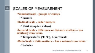 SCALES OF MEASUREMENT
•Nominal Scale - groups or classes
Gender
•Ordinal Scale - order matters
Ranks (top ten videos)
•Interval Scale - difference or distance matters – has
arbitrary zero value.
Temperatures (0F, 0C), Likert Scale
•Ratio Scale - Ratio matters – has a natural zero value.
Salaries
PROF DR AB RAJAR //DRABRAJAR@GMAIL.COM 17
 