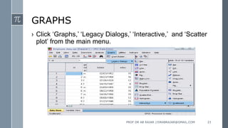 GRAPHS
› Click ‘Graphs,’ ‘Legacy Dialogs,’ ‘Interactive,’ and ‘Scatter
plot’ from the main menu.
PROF DR AB RAJAR //DRABRAJAR@GMAIL.COM 23
 