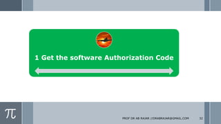 1 Get the software Authorization Code
PROF DR AB RAJAR //DRABRAJAR@GMAIL.COM 32
 