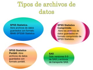 SPSS Statistics. 
Abre archivos de datos 
guardados con formato 
IBM® SPSS® Statistics 
SPSS Statistics 
Comprimido. 
Abre los archivos de 
datos guardados en 
formato comprimido de 
SPSS Statistics. 
SPSS Statistics 
Portátil. Abre 
archivos de datos 
guardados con 
formato portátil. 
SAS 
Solo versiones 6-9 
de SAS y archivos 
de transporte SAS. 
 