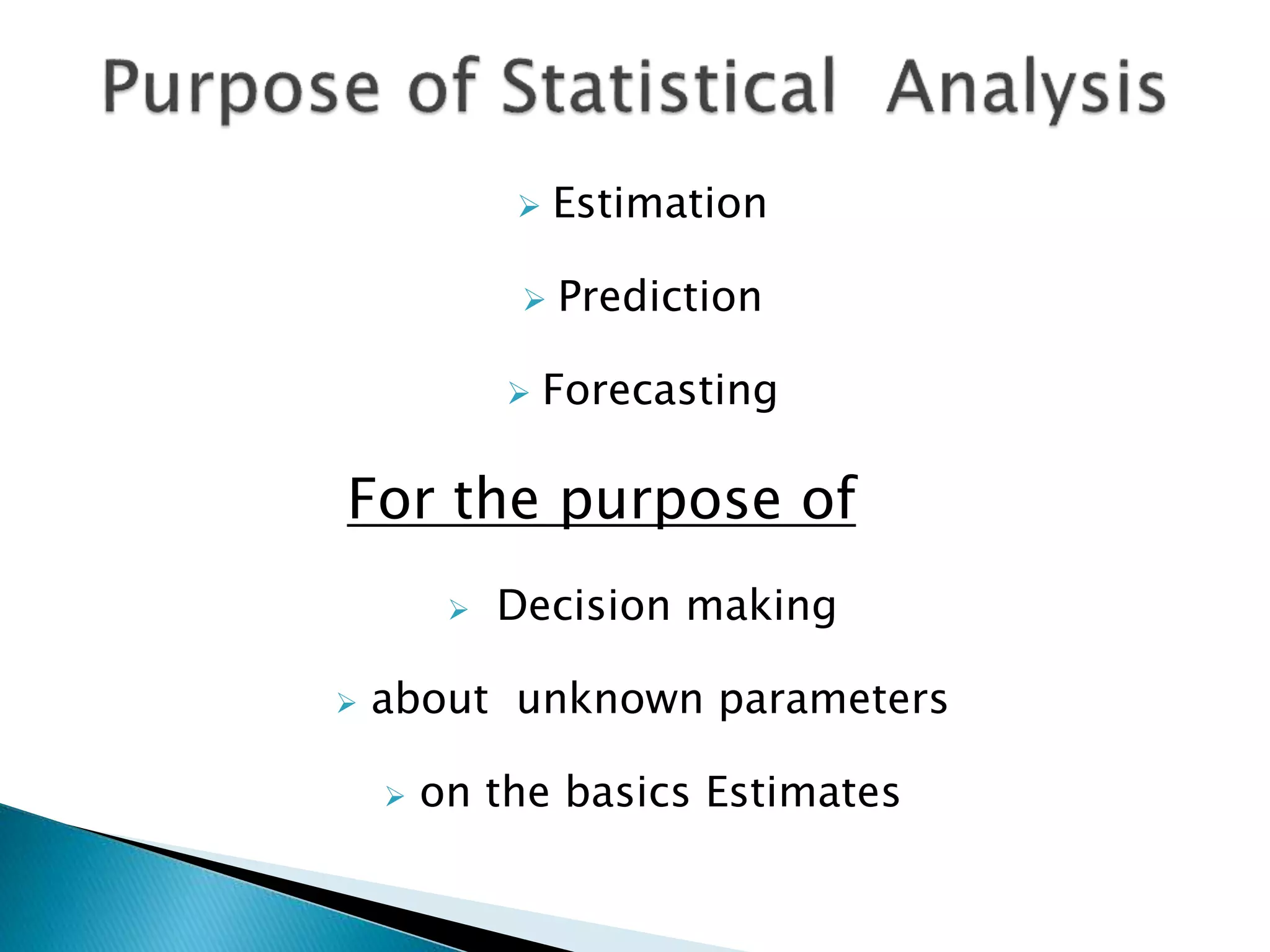  Estimation
 Prediction
 Forecasting
For the purpose of
 Decision making
 about unknown parameters
 on the basics Estimates
 