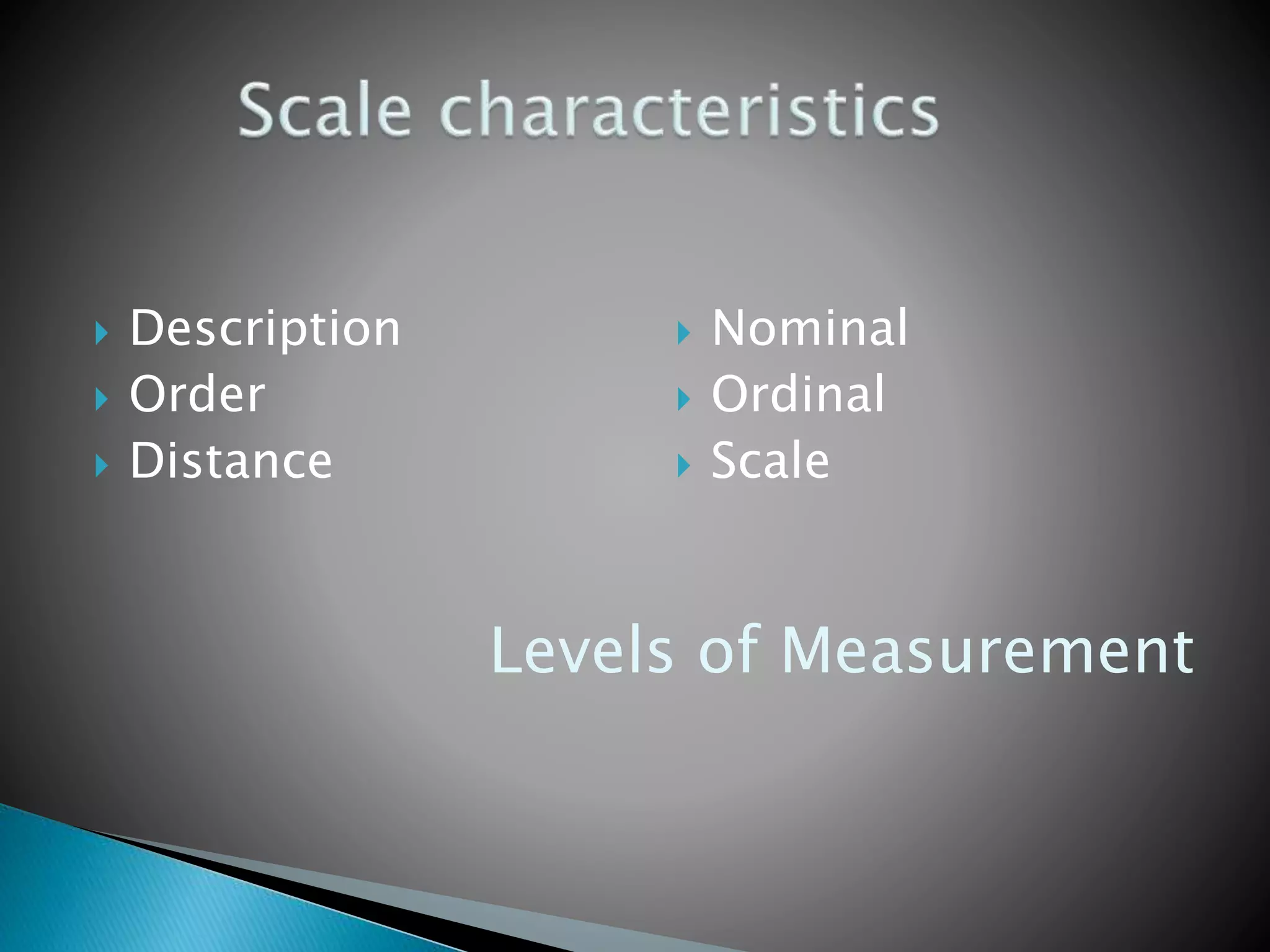  Description
 Order
 Distance
 Nominal
 Ordinal
 Scale
Levels of Measurement
 