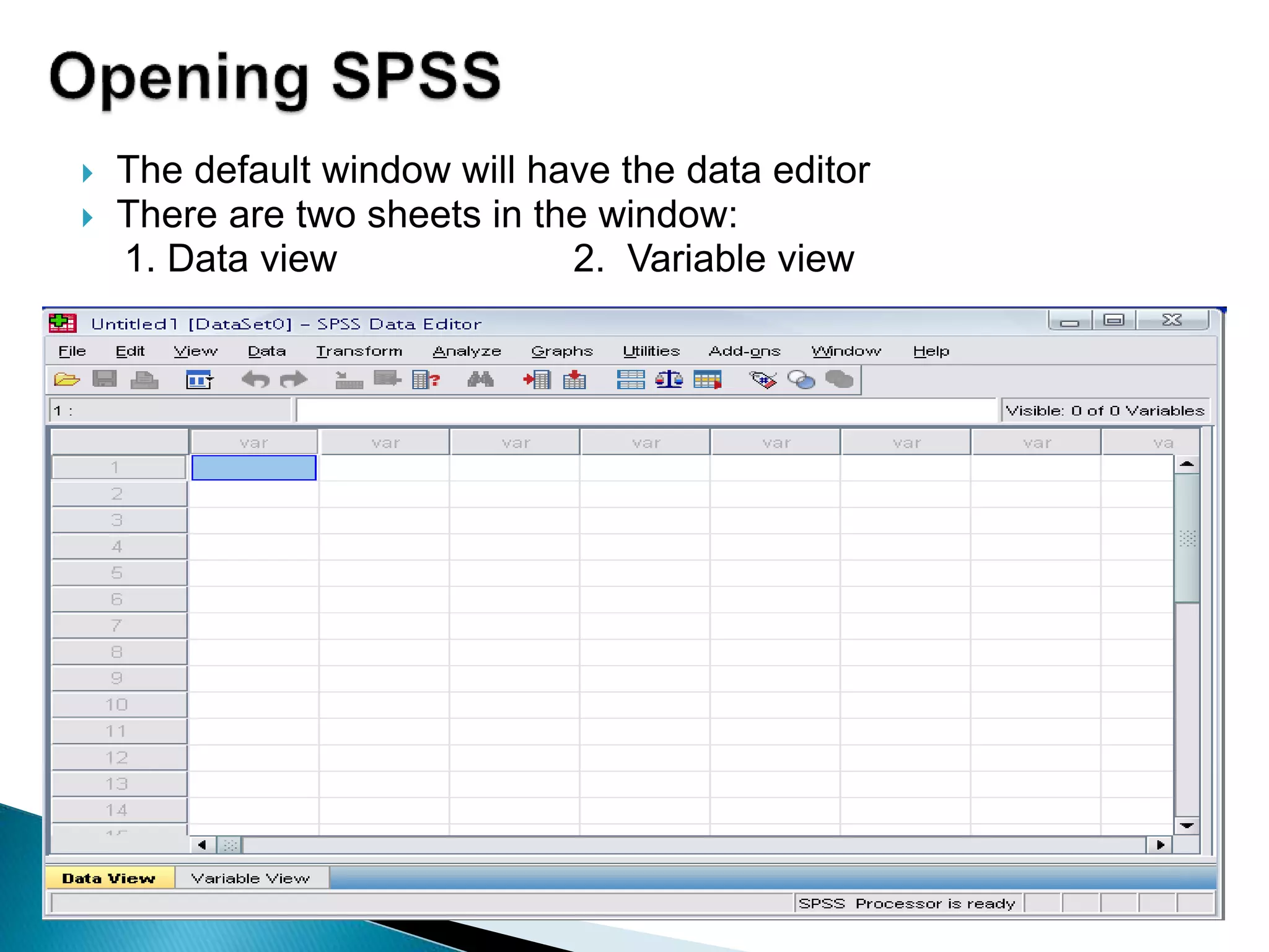  The default window will have the data editor
 There are two sheets in the window:
1. Data view 2. Variable view
 