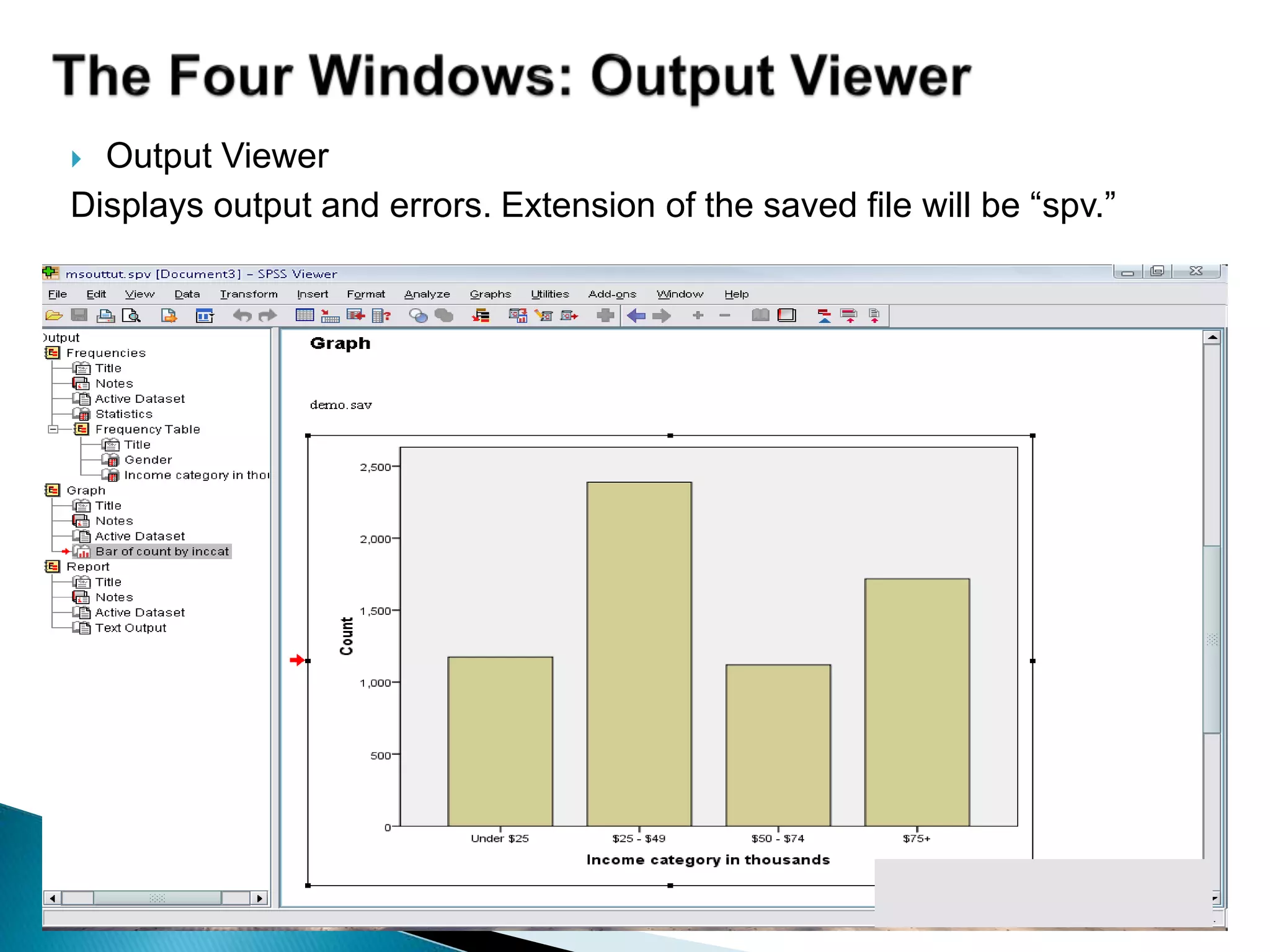  Output Viewer
Displays output and errors. Extension of the saved file will be “spv.”
 