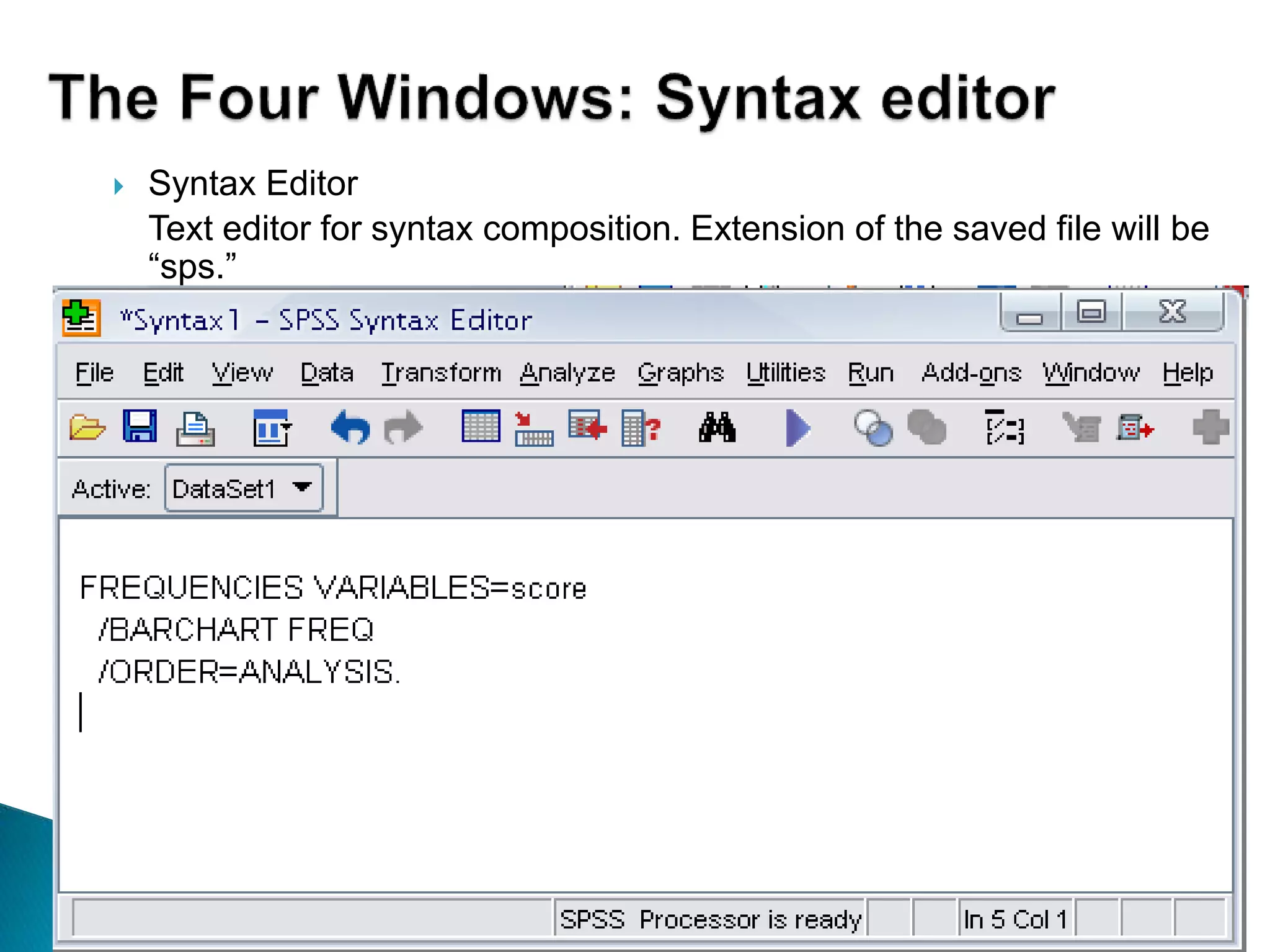  Syntax Editor
Text editor for syntax composition. Extension of the saved file will be
“sps.”
 