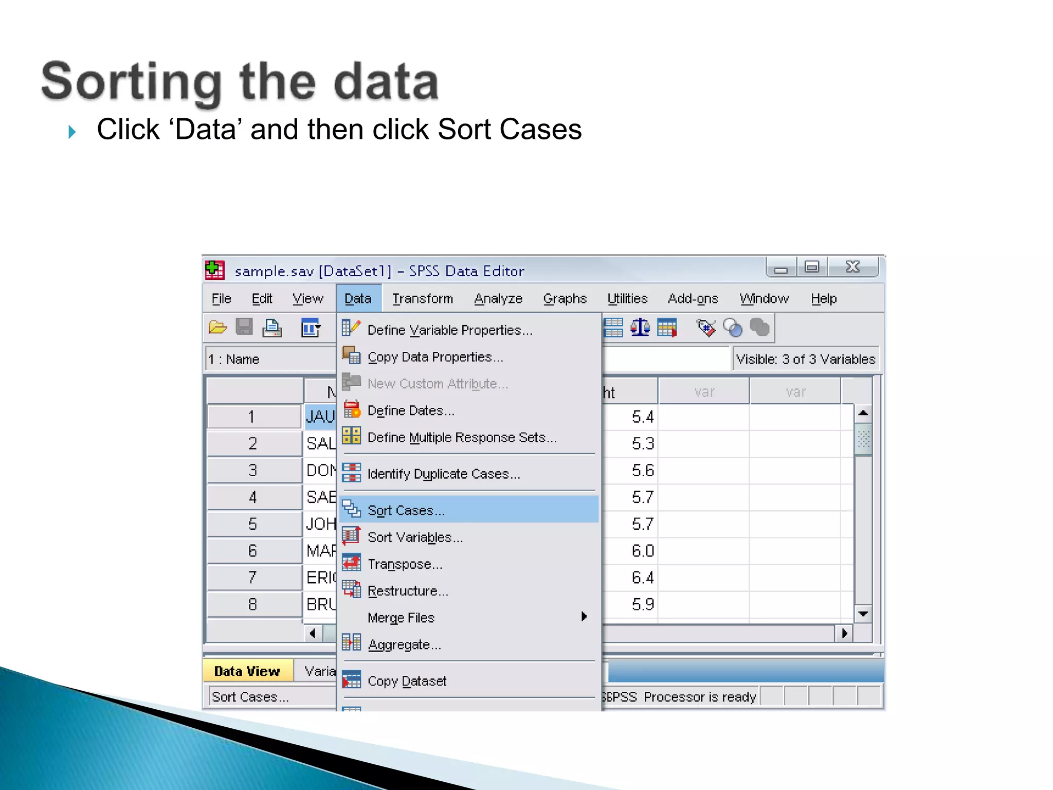  Click ‘Data’ and then click Sort Cases
 