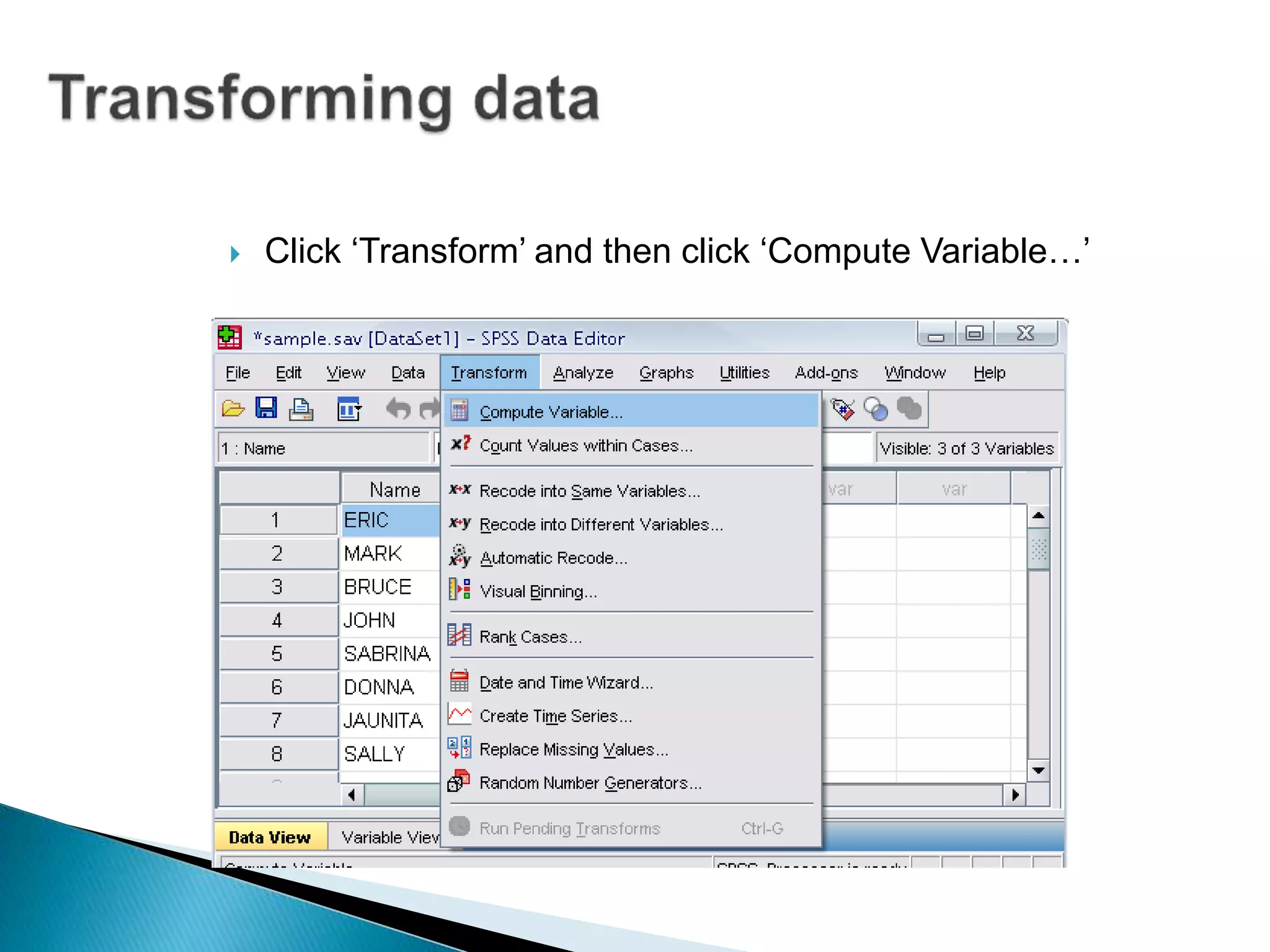  Click ‘Transform’ and then click ‘Compute Variable…’
 
