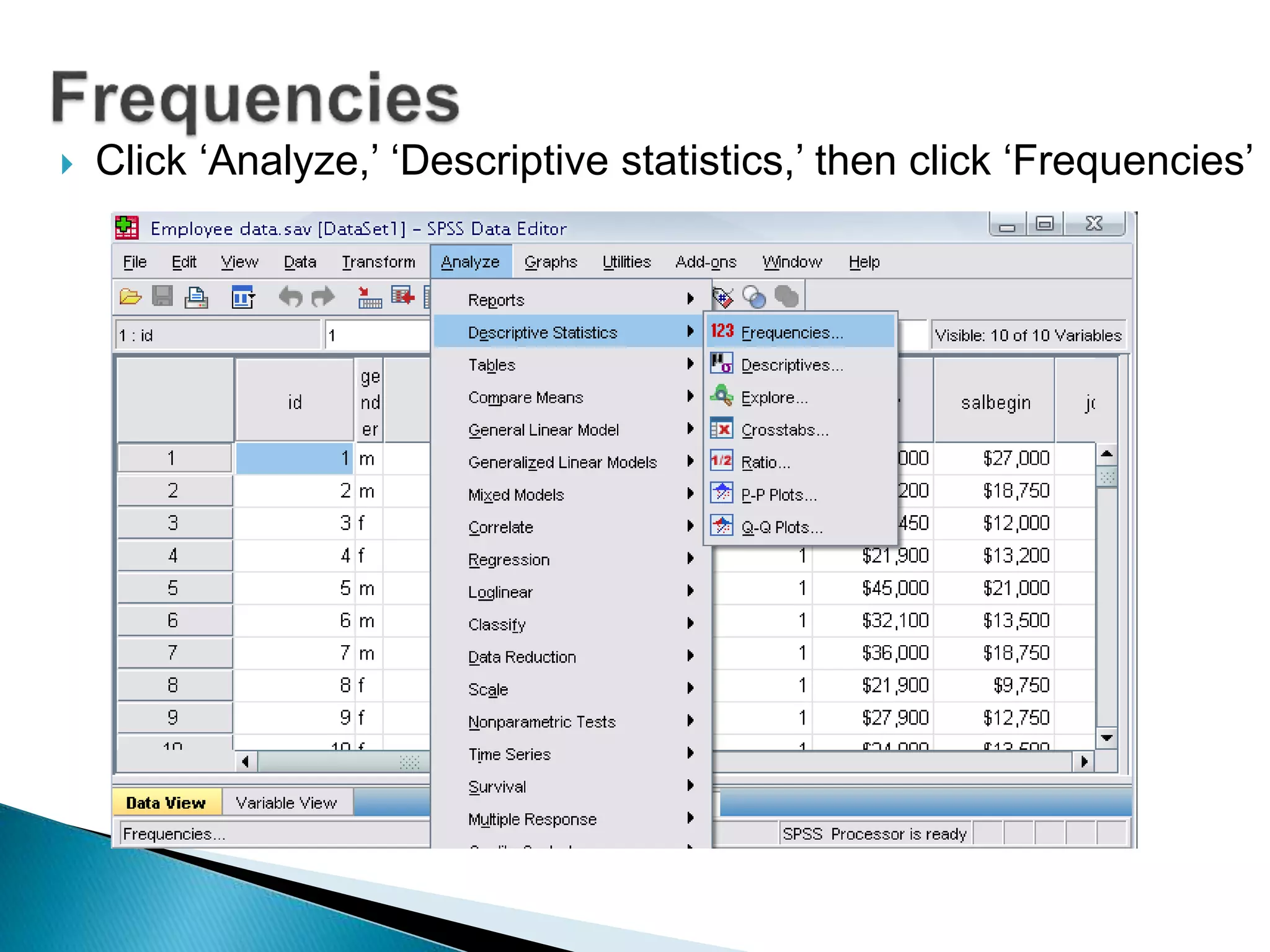  Click ‘Analyze,’ ‘Descriptive statistics,’ then click ‘Frequencies’
 