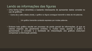 Lendo as informações das figuras
• Uma forma lúdica (divertida) e bastante interessante de apresentar dados consiste no
uso de gráficos.
• Como diz o velho ditado chinês, o gráfico ou figura consegue transmitir a ideia de mil palavras.
Um gráfico transmite conteúdo expresso por muitas palavras.
• Embora todo gráfico resulte em processo de perda parcial de informações, já que os
valores originais são geralmente omitidos, e, muitas vezes, apenas o gráfico é
apresentado, a concisão e a facilidade de interpretação dos gráficos costumam
compensar a informação perdida.
 