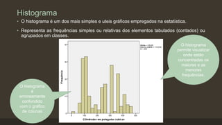 Histograma
• O histograma é um dos mais simples e uteis gráficos empregados na estatística.
• Representa as frequências simples ou relativas dos elementos tabulados (contados) ou
agrupados em classes.
O histograma
permite visualizar
onde estão
concentradas os
maiores e as
menores
frequências.
O histograma
é
erroneamente
confundido
com o gráfico
de colunas
 