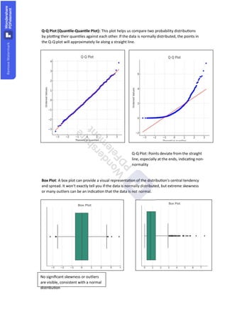 Q-Q Plot (Quan le-Quan le Plot): This plot helps us compare two probability distribu ons
by plo ng their quan les against each other. If the data is normally distributed, the points in
the Q-Q plot will approximately lie along a straight line.
Box Plot: A box plot can provide a visual representa on of the distribu on's central tendency
and spread. It won't exactly tell you if the data is normally distributed, but extreme skewness
or many outliers can be an indica on that the data is not normal.
Q-Q Plot: Points deviate from the straight
line, especially at the ends, indica ng non-
normality
No signiﬁcant skewness or outliers
are visible, consistent with a normal
distribu on
 