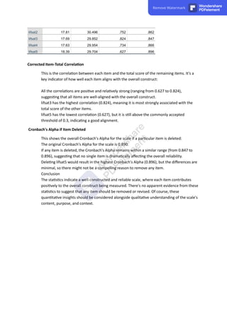 lifsat2 17.81 30.496 .752 .862
lifsat3 17.69 29.852 .824 .847
lifsat4 17.63 29.954 .734 .866
lifsat5 18.39 29.704 .627 .896
Corrected Item-Total Correla on
This is the correla on between each item and the total score of the remaining items. It's a
key indicator of how well each item aligns with the overall construct:
All the correla ons are posi ve and rela vely strong (ranging from 0.627 to 0.824),
sugges ng that all items are well-aligned with the overall construct.
lifsat3 has the highest correla on (0.824), meaning it is most strongly associated with the
total score of the other items.
lifsat5 has the lowest correla on (0.627), but it is s ll above the commonly accepted
threshold of 0.3, indica ng a good alignment.
Cronbach's Alpha if Item Deleted
This shows the overall Cronbach's Alpha for the scale if a par cular item is deleted:
The original Cronbach's Alpha for the scale is 0.890.
If any item is deleted, the Cronbach's Alpha remains within a similar range (from 0.847 to
0.896), sugges ng that no single item is drama cally aﬀec ng the overall reliability.
Dele ng lifsat5 would result in the highest Cronbach's Alpha (0.896), but the diﬀerences are
minimal, so there might not be a compelling reason to remove any item.
Conclusion
The sta s cs indicate a well-constructed and reliable scale, where each item contributes
posi vely to the overall construct being measured. There's no apparent evidence from these
sta s cs to suggest that any item should be removed or revised. Of course, these
quan ta ve insights should be considered alongside qualita ve understanding of the scale's
content, purpose, and context.
Remove Watermark Wondershare
PDFelement
 