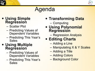 Agenda Using Simple Regression Scatter Plot Predicting Values of Dependent Variables Predicting This Year’s Sales Using Multiple Regression Predicting Values of Dependent Variables Predicting This Year’s Sales Transforming Data Computing Using Polynomial Regression Regression Analysis Editing Charts Adding a Line Manipulating X & Y Scales Adding a Title Adding Colors Background Color 