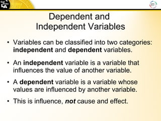 Dependent   and  Independent Variables Variables can be classified into two categories:  independent  and  dependent  variables.  An  independent  variable is a variable that influences the value of another variable.  A  dependent  variable is a variable whose values are influenced by another variable. This is influence,  not  cause and effect. 