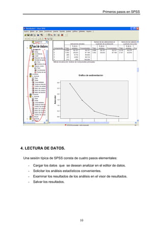 Primeros pasos en SPSS
4. LECTURA DE DATOS.
Una sesión típica de SPSS consta de cuatro pasos elementales:
- Cargar los datos que se desean analizar en el editor de datos.
- Solicitar los análisis estadísticos convenientes.
- Examinar los resultados de los análisis en el visor de resultados.
- Salvar los resultados.
10
 