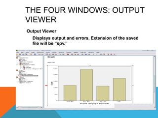 THE FOUR WINDOWS: OUTPUT
VIEWER
Output Viewer
Displays output and errors. Extension of the saved
file will be “spv.”
 