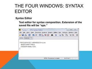 THE FOUR WINDOWS: SYNTAX
EDITOR
Syntax Editor
Text editor for syntax composition. Extension of the
saved file will be “sps.”
 