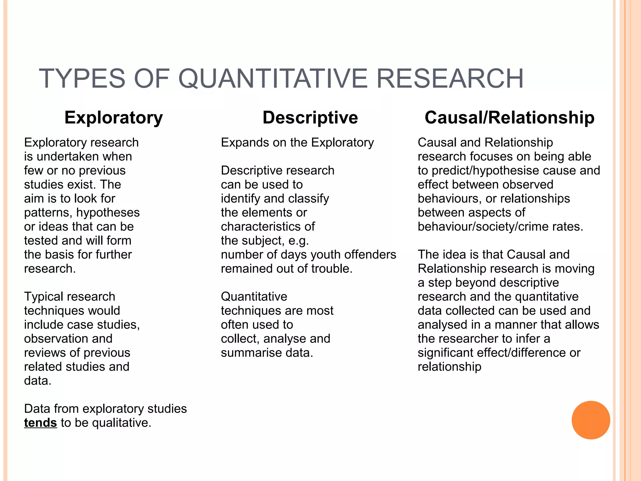 Exploratory Descriptive Causal/Relationship
Exploratory research
is undertaken when
few or no previous
studies exist. The
aim is to look for
patterns, hypotheses
or ideas that can be
tested and will form
the basis for further
research.
Typical research
techniques would
include case studies,
observation and
reviews of previous
related studies and
data.
Data from exploratory studies
tends to be qualitative.
Expands on the Exploratory
Descriptive research
can be used to
identify and classify
the elements or
characteristics of
the subject, e.g.
number of days youth offenders
remained out of trouble.
Quantitative
techniques are most
often used to
collect, analyse and
summarise data.
Causal and Relationship
research focuses on being able
to predict/hypothesise cause and
effect between observed
behaviours, or relationships
between aspects of
behaviour/society/crime rates.
The idea is that Causal and
Relationship research is moving
a step beyond descriptive
research and the quantitative
data collected can be used and
analysed in a manner that allows
the researcher to infer a
significant effect/difference or
relationship
TYPES OF QUANTITATIVE RESEARCH
 