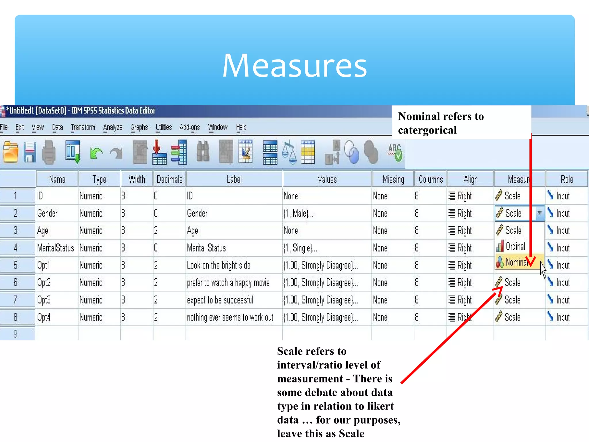 Measures
Scale refers to
interval/ratio level of
measurement - There is
some debate about data
type in relation to likert
data … for our purposes,
leave this as Scale
Nominal refers to
catergorical
 