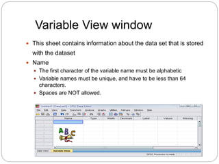 Variable View window
 This sheet contains information about the data set that is stored
with the dataset
 Name
 The first character of the variable name must be alphabetic
 Variable names must be unique, and have to be less than 64
characters.
 Spaces are NOT allowed.
 