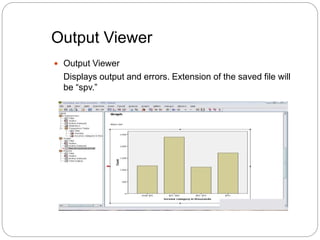 Output Viewer
 Output Viewer
Displays output and errors. Extension of the saved file will
be “spv.”
 