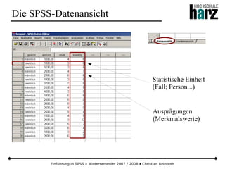 Einführung in SPSS • Wintersemester 2007 / 2008 • Christian Reinboth
Die SPSS-Datenansicht
Statistische Einheit
(Fall; Person...)
Ausprägungen
(Merkmalswerte)
 