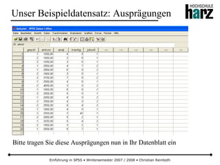 Einführung in SPSS • Wintersemester 2007 / 2008 • Christian Reinboth
Unser Beispieldatensatz: Ausprägungen
Bitte tragen Sie diese Ausprägungen nun in Ihr Datenblatt ein
 