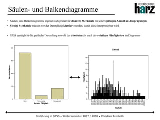 Einführung in SPSS • Wintersemester 2007 / 2008 • Christian Reinboth
Säulen- und Balkendiagramme
● Säulen- und Balkendiagramme eigenen sich primär für diskrete Merkmale mit einer geringen Anzahl an Ausprägungen
● Stetige Merkmale müssen vor der Darstellung klassiert werden, damit diese interpretierbar wird
● SPSS ermöglicht die grafische Darstellung sowohl der absoluten als auch der relativen Häufigkeiten im Diagramm
 
