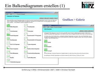 Einführung in SPSS • Wintersemester 2007 / 2008 • Christian Reinboth
Ein Balkendiagramm erstellen (1)
Grafiken > Galerie
 
