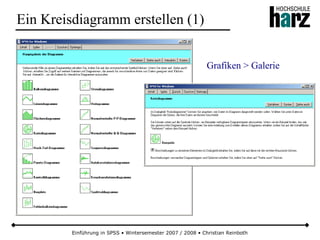 Einführung in SPSS • Wintersemester 2007 / 2008 • Christian Reinboth
Ein Kreisdiagramm erstellen (1)
Grafiken > Galerie
 