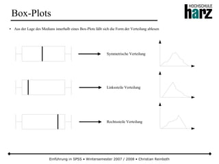 Einführung in SPSS • Wintersemester 2007 / 2008 • Christian Reinboth
Box-Plots
● Aus der Lage des Medians innerhalb eines Box-Plots läßt sich die Form der Verteilung ablesen
Symmetrische Verteilung
Linkssteile Verteilung
Rechtssteile Verteilung
 