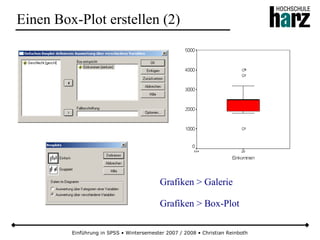Einführung in SPSS • Wintersemester 2007 / 2008 • Christian Reinboth
Einen Box-Plot erstellen (2)
Grafiken > Galerie
Grafiken > Box-Plot
 