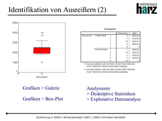 Einführung in SPSS • Wintersemester 2007 / 2008 • Christian Reinboth
Identifikation von Ausreißern (2)
Grafiken > Galerie
Grafiken > Box-Plot
Analysieren
> Deskriptive Statistiken
> Explorative Datenanalyse
 