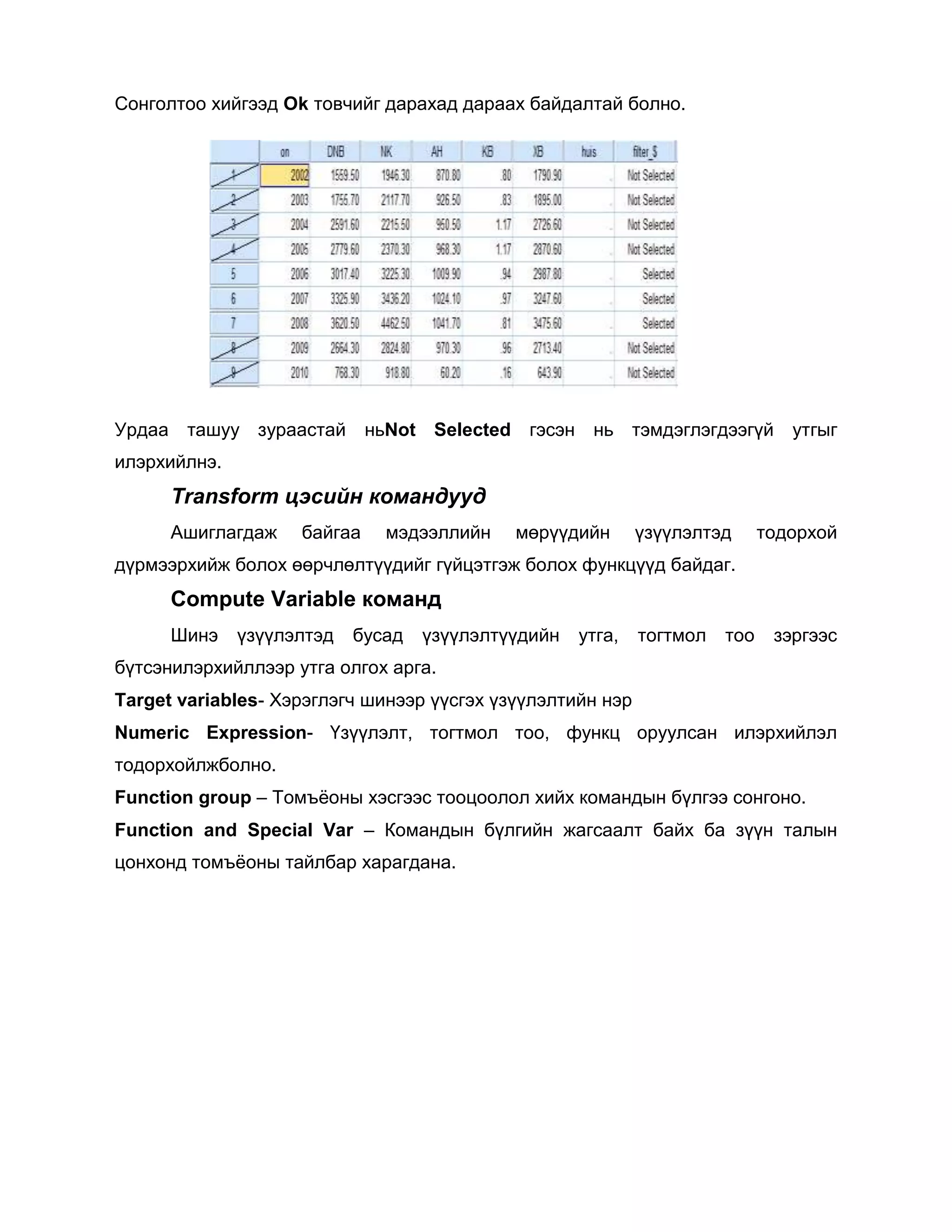 Сонголтоо хийгээд Ok товчийг дарахад дараах байдалтай болно.

Урдаа ташуу зураастай

ньNot Selected гэсэн нь тэмдэглэгдээгүй

утгыг

илэрхийлнэ.

Transform цэсийн командууд
Ашиглагдаж

байгаа

мэдээллийн

мөрүүдийн

үзүүлэлтэд

тодорхой

дүрмээрхийж болох өөрчлөлтүүдийг гүйцэтгэж болох функцүүд байдаг.

Compute Variable команд
Шинэ

үзүүлэлтэд

бусад

үзүүлэлтүүдийн

утга,

тогтмол

тоо

зэргээс

бүтсэнилэрхийллээр утга олгох арга.
Target variables- Хэрэглэгч шинээр үүсгэх үзүүлэлтийн нэр
Numeric Expression- Үзүүлэлт, тогтмол тоо, функц оруулсан илэрхийлэл
тодорхойлжболно.
Function group – Томъѐоны хэсгээс тооцоолол хийх командын бүлгээ сонгоно.
Function and Special Var – Командын бүлгийн жагсаалт байх ба зүүн талын
цонхонд томъѐоны тайлбар харагдана.

 