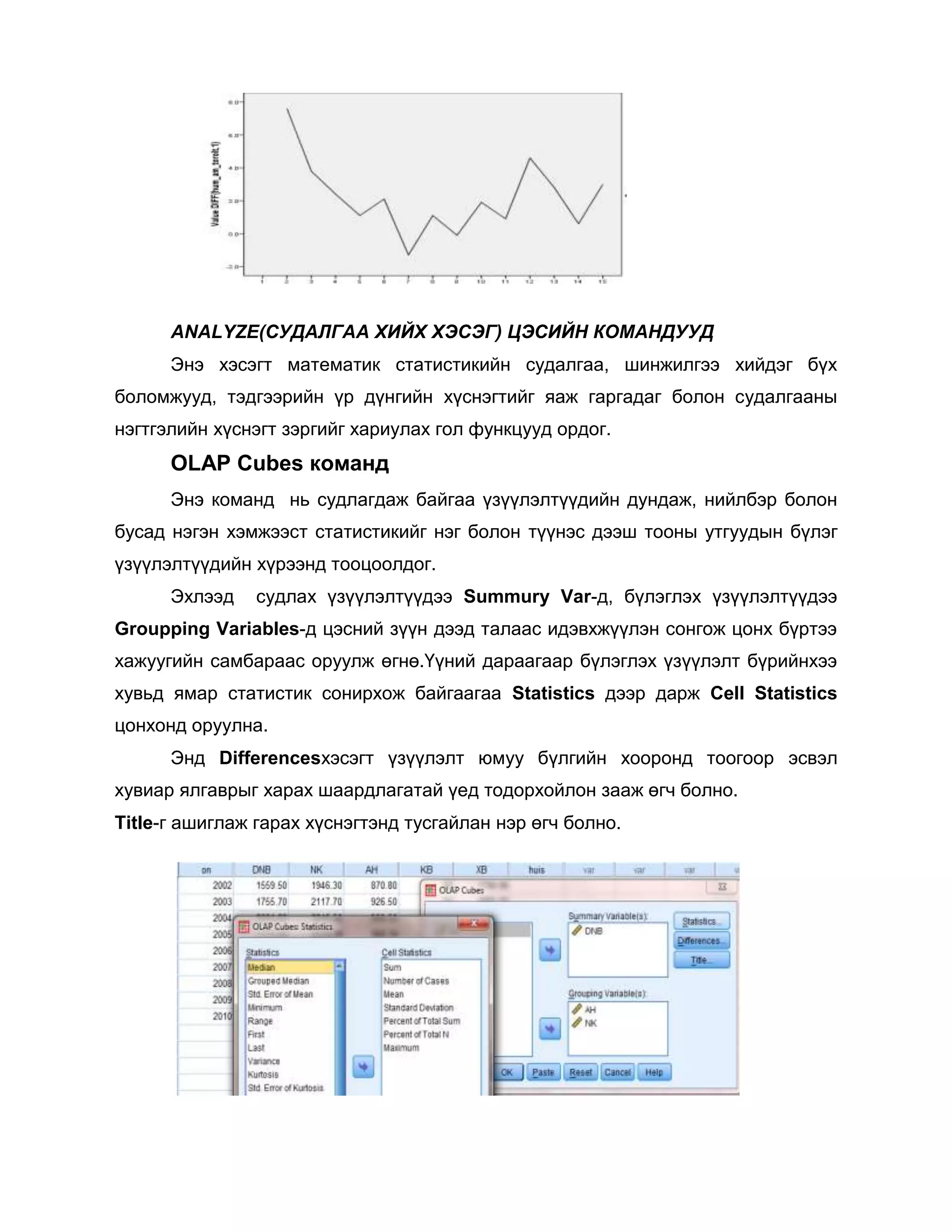 ANALYZE(СУДАЛГАА ХИЙХ ХЭСЭГ) ЦЭСИЙН КОМАНДУУД
Энэ хэсэгт математик статистикийн судалгаа, шинжилгээ хийдэг бүх
боломжууд, тэдгээрийн үр дүнгийн хүснэгтийг яаж гаргадаг болон судалгааны
нэгтгэлийн хүснэгт зэргийг хариулах гол функцууд ордог.

OLAP Cubes команд
Энэ команд нь судлагдаж байгаа үзүүлэлтүүдийн дундаж, нийлбэр болон
бусад нэгэн хэмжээст статистикийг нэг болон түүнэс дээш тооны утгуудын бүлэг
үзүүлэлтүүдийн хүрээнд тооцоолдог.
Эхлээд

судлах үзүүлэлтүүдээ Summury Var-д, бүлэглэх үзүүлэлтүүдээ

Groupping Variables-д цэсний зүүн дээд талаас идэвхжүүлэн сонгож цонх бүртээ
хажуугийн самбараас оруулж өгнө.Үүний дараагаар бүлэглэх үзүүлэлт бүрийнхээ
хувьд ямар статистик сонирхож байгаагаа Statistics дээр дарж Cell Statistics
цонхонд оруулна.
Энд Differencesхэсэгт үзүүлэлт юмуу бүлгийн хооронд тоогоор эсвэл
хувиар ялгаврыг харах шаардлагатай үед тодорхойлон зааж өгч болно.
Title-г ашиглаж гарах хүснэгтэнд тусгайлан нэр өгч болно.

 