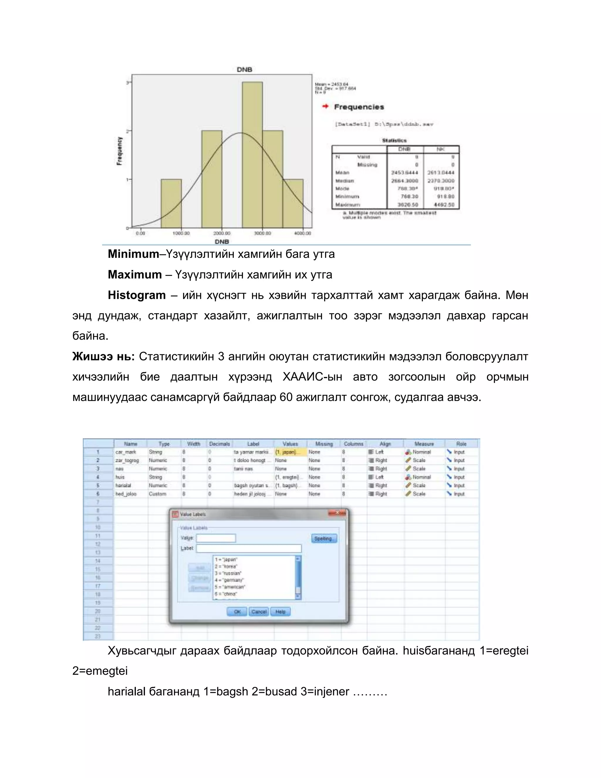 Minimum–Үзүүлэлтийн хамгийн бага утга
Maximum – Үзүүлэлтийн хамгийн их утга
Histogram – ийн хүснэгт нь хэвийн тархалттай хамт харагдаж байна. Мөн
энд дундаж, стандарт хазайлт, ажиглалтын тоо зэрэг мэдээлэл давхар гарсан
байна.
Жишээ нь: Статистикийн 3 ангийн оюутан статистикийн мэдээлэл боловсруулалт
хичээлийн бие даалтын хүрээнд ХААИС-ын авто зогсоолын ойр орчмын
машинуудаас санамсаргүй байдлаар 60 ажиглалт сонгож, судалгаа авчээ.

Хувьсагчдыг дараах байдлаар тодорхойлсон байна. huisбагананд 1=eregtei
2=emegtei
harialal багананд 1=bagsh 2=busad 3=injener ………

 