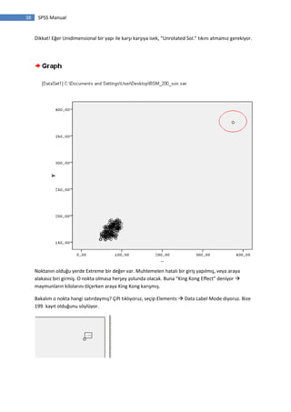 38 SPSS Manual
Dikkat! Eğer Unidimensional bir yapı ile karşı karşıya isek, “Unrotated Sol.” tıkını atmamız gerekiyor.
Noktanın olduğu yerde Extreme bir değer var. Muhtemelen hatalı bir giriş yapılmış, veya araya
alakasız biri girmiş. O nokta olmasa herşey yolunda olacak. Buna “King Kong Effect” deniyor 
maymunların kilolarını ölçerken araya King Kong karışmış.
Bakalım o nokta hangi satırdaymış? Çift tıklıyoruz, seçip Elements  Data Label Mode diyoruz. Bize
199. kayıt olduğunu söylüyor.
 