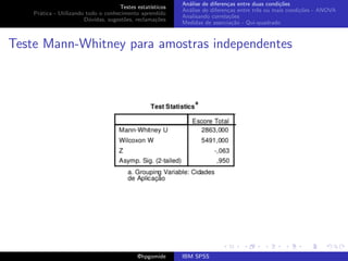 An´lise de diferen¸as entre duas condi¸˜es
                                                              a               c                   co
                                     Testes estat´ısticos
                                                            An´lise de diferen¸as entre trˆs ou mais condi¸˜es - ANOVA
                                                              a               c           e               co
    Pr´tica - Utilizando todo o conhecimento aprendido
      a
                                                            Analisando correla¸˜es
                                                                               co
                        D´vidas, sugest˜es, reclama¸oes
                          u            o            c˜
                                                            Medidas de associa¸˜o - Qui-quadrado
                                                                                ca



Teste Mann-Whitney para amostras independentes




                                             @hpgomide      IBM SPSS
 