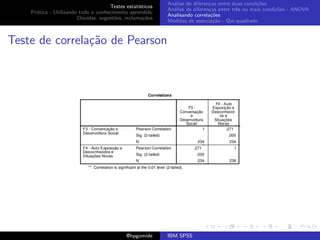 An´lise de diferen¸as entre duas condi¸˜es
                                                              a               c                   co
                                     Testes estat´ısticos
                                                            An´lise de diferen¸as entre trˆs ou mais condi¸˜es - ANOVA
                                                              a               c           e               co
    Pr´tica - Utilizando todo o conhecimento aprendido
      a
                                                            Analisando correla¸˜es
                                                                               co
                        D´vidas, sugest˜es, reclama¸oes
                          u            o            c˜
                                                            Medidas de associa¸˜o - Qui-quadrado
                                                                                ca



Teste de correla¸˜o de Pearson
                ca




                                             @hpgomide      IBM SPSS
 