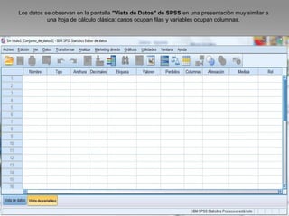 Los datos se observan en la pantalla "Vista de Datos" de SPSS en una presentación muy similar a 
una hoja de cálculo clásica: casos ocupan filas y variables ocupan columnas. 
 