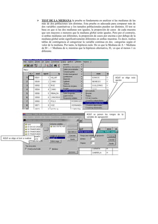 TEST DE LA MEDIANA la prueba se fundamenta en analizar si las medianas de las
                                   más de dos poblaciones son distintas. Esta prueba es adecuada para comparar más de
                                   dos variables cuantitativas y los tamaños poblacionales pueden ser distintos. El test se
                                   basa en que si las dos medianas son iguales, la proporción de casos de cada muestra
                                   que son mayores o menores que la mediana global serán iguales. Pero por el contrario,
                                   si ambas medianas son diferentes, la proporción de casos por encima o por debajo de la
                                   mediana global serán significativamente diferentes en ambas muestras. Es decir, realiza
                                   tablas de contingencia al categorizar la variable continua en dos categorías según el
                                   valor de la mediana. Por tanto, la hipótesis nula: Ho es que la Mediana de A = Mediana
                                   de B=...= Mediana de n; mientras que la hipótesis alternativa, H1: es que al menos 1 es
                                   diferente.




                                                                                                        AQUÍ se elige esta
                                                                                                        opción




                                                                             AQUÍ se ponen los rangos de la
                                                                             variable de agrupación




AQUÍ se elige el test a realizar
 