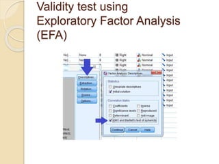 Validity test using
Exploratory Factor Analysis
(EFA)
 