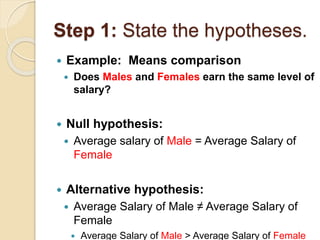 Step 1: State the hypotheses.
 Example: Means comparison
 Does Males and Females earn the same level of
salary?
 Null hypothesis:
 Average salary of Male = Average Salary of
Female
 Alternative hypothesis:
 Average Salary of Male ≠ Average Salary of
Female
 Average Salary of Male > Average Salary of Female
 