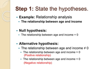 Step 1: State the hypotheses.
 Example: Relationship analysis
 The relationship between age and income
 Null hypothesis:
 The relationship between age and income = 0
 Alternative hypothesis:
 The relationship between age and income ≠ 0
 The relationship between age and income > 0
(Positive relationship)
 The relationship between age and income < 0
(Negative relationship)
 