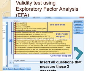 Validity test using
Exploratory Factor Analysis
(EFA)
Insert all questions that
measure these 3
 